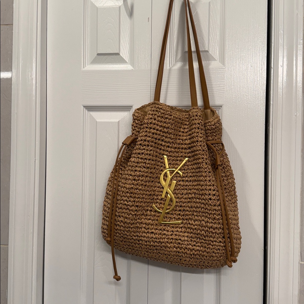 NWOT  Woven Tan Tote with Gold Accents